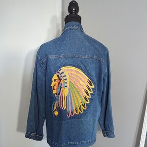 Denim Jean Jacket with Colorful Embroidered Headdress